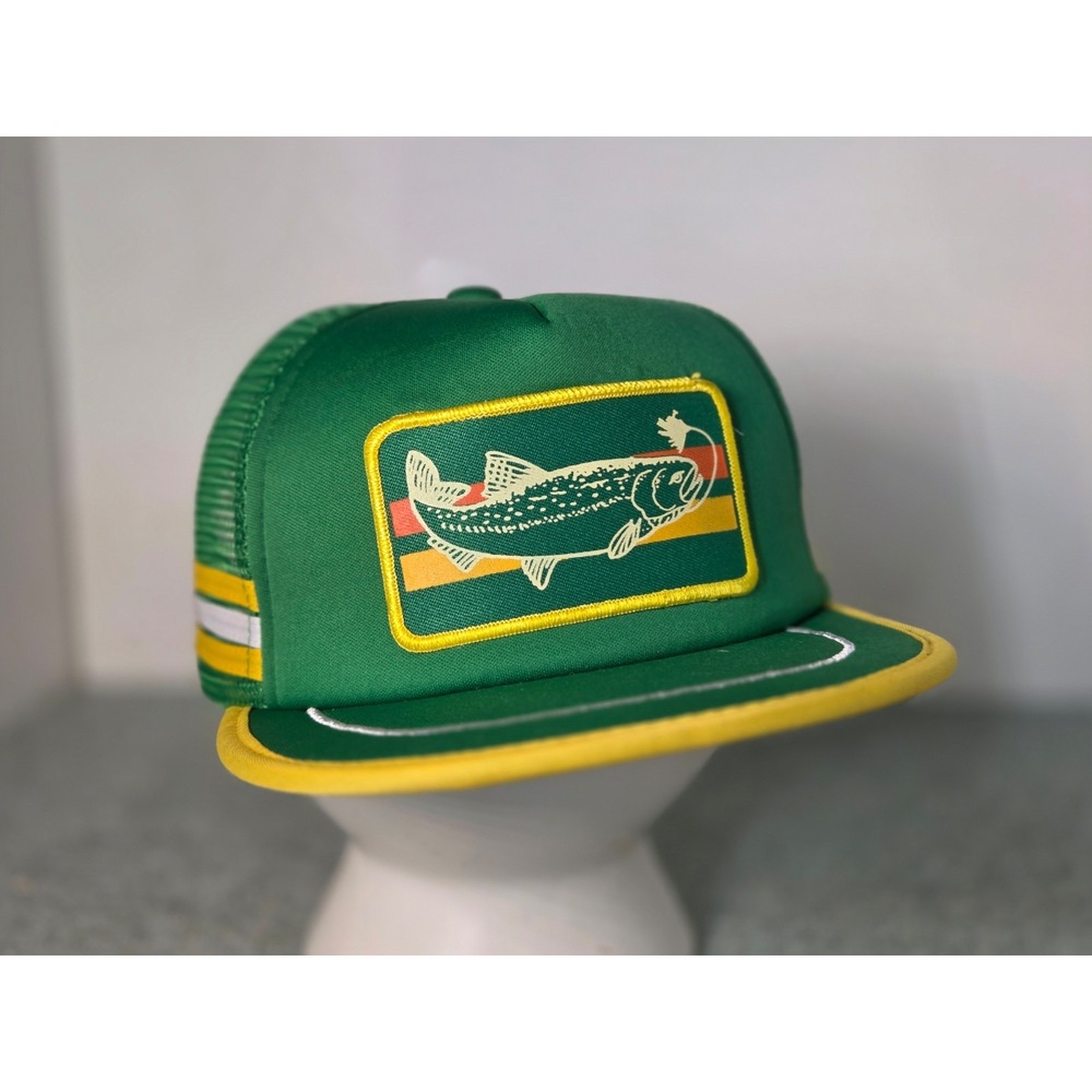 Three Stripe Trucker Hat Cap Fish Patch Green Yellow Mesh Snapback Retro